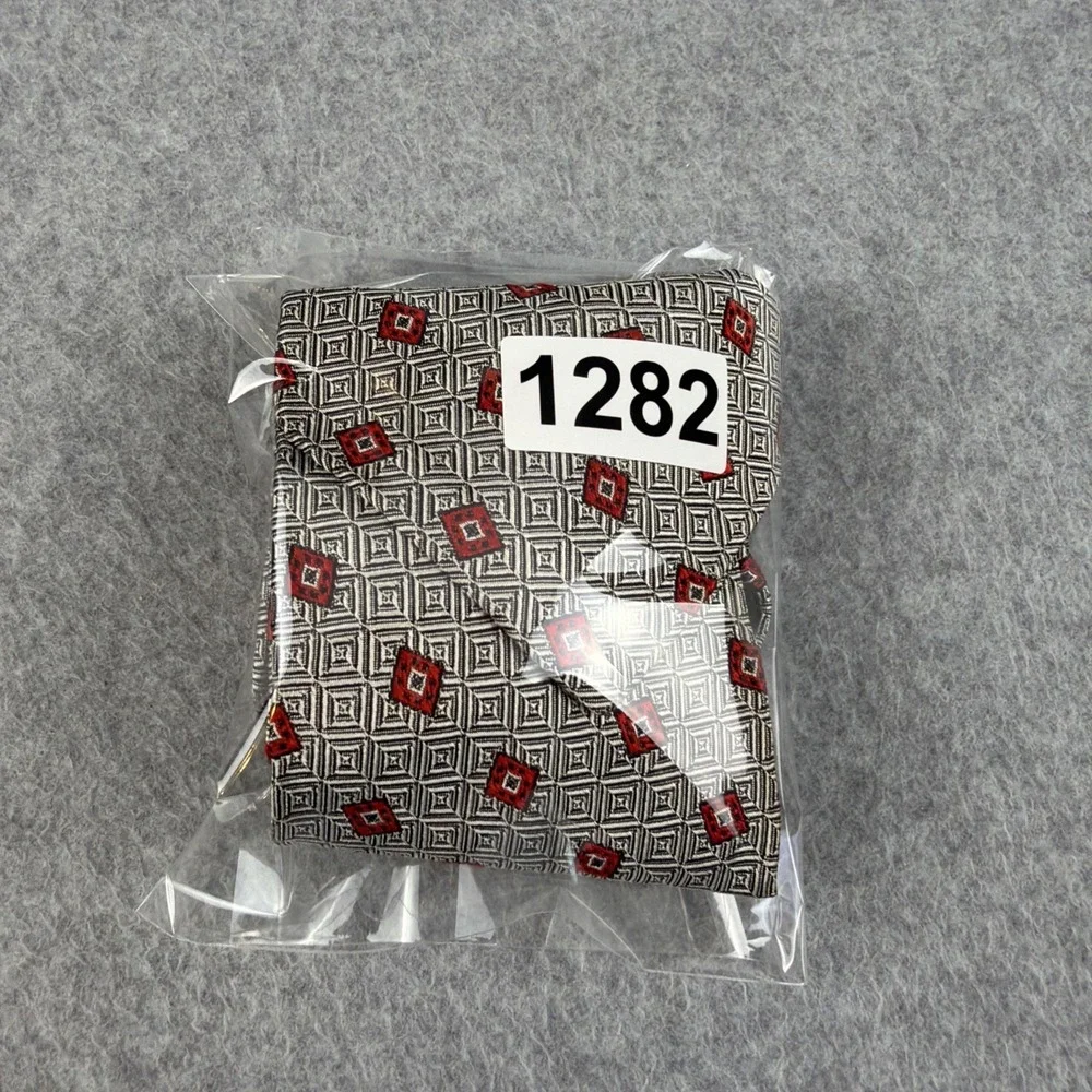 Vintage Garrick Anderson Silk Tie Gray Red Geometric USA Handmade 90s 58x3.75